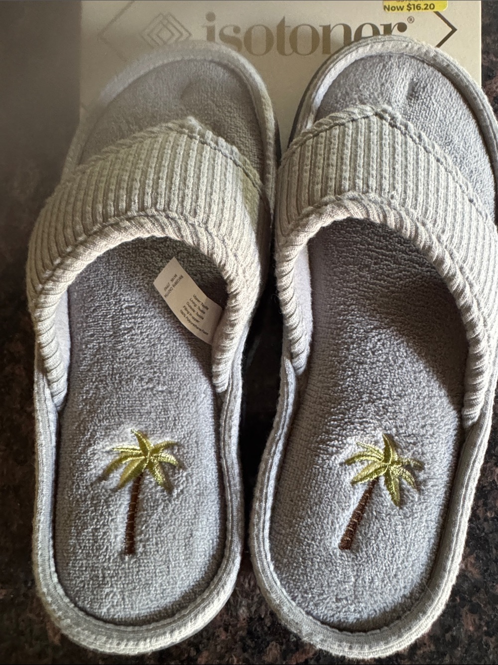 Women’s Grey Palm-Embroidered Slip-On Slides